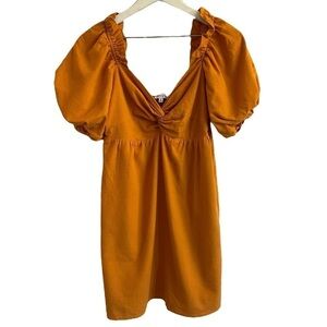 Moodie Puff Sleeve Yellow-Orange Mini Dress, Size M